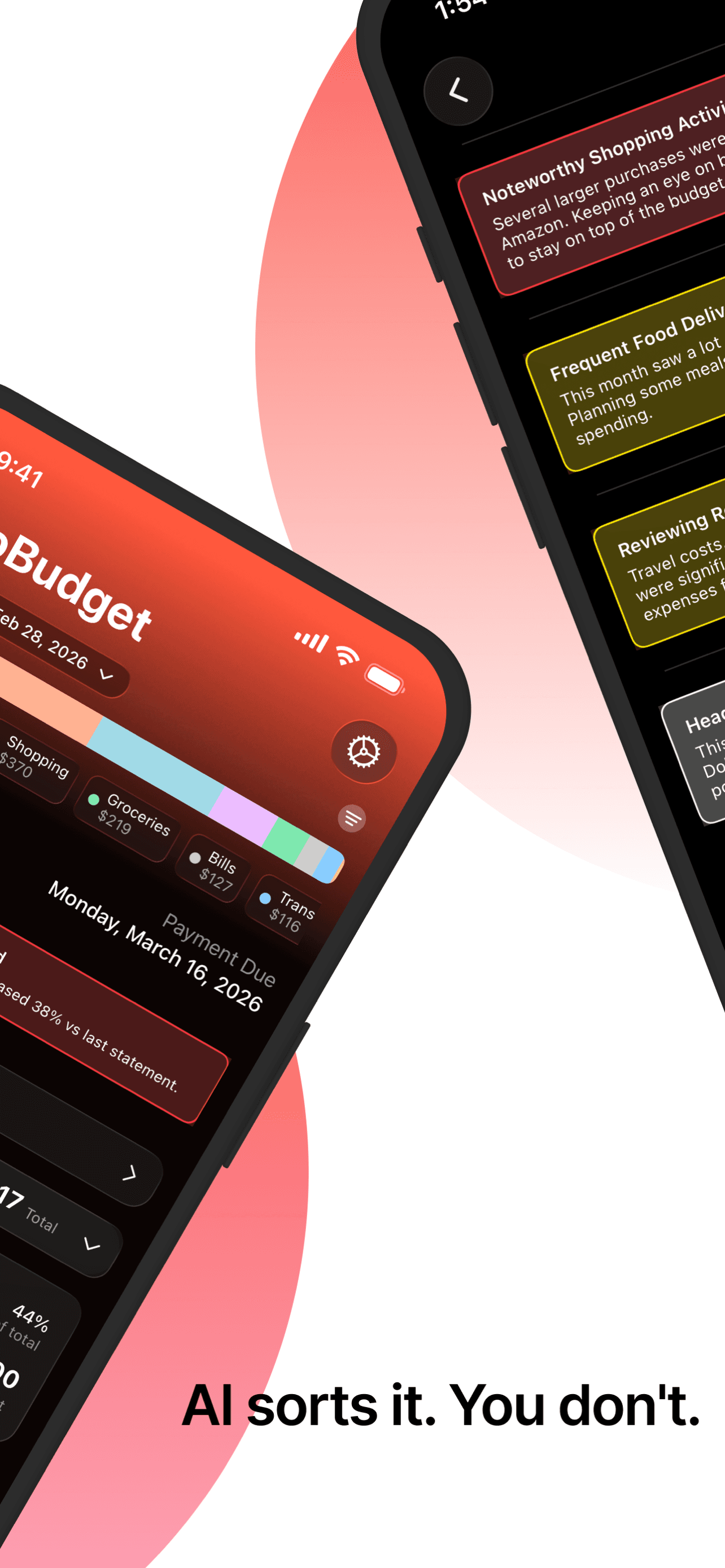 RetroBudget statement view with colored category chips and AI insight cards sorting every transaction
