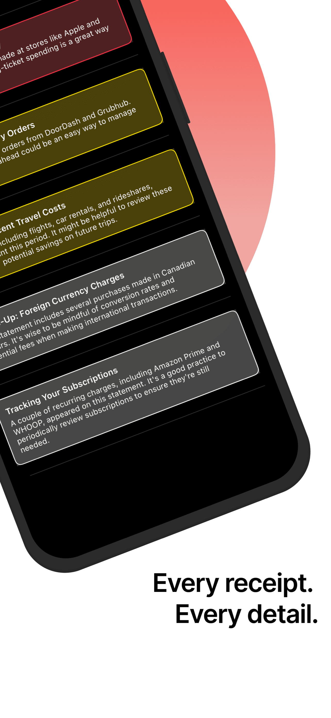 RetroBudget AI insight cards for shopping, food delivery, travel, foreign currency, and subscriptions